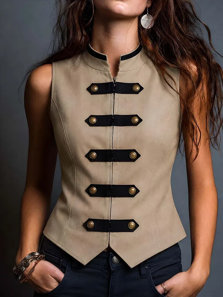Retro Military-style Contrast Color Trim Vest