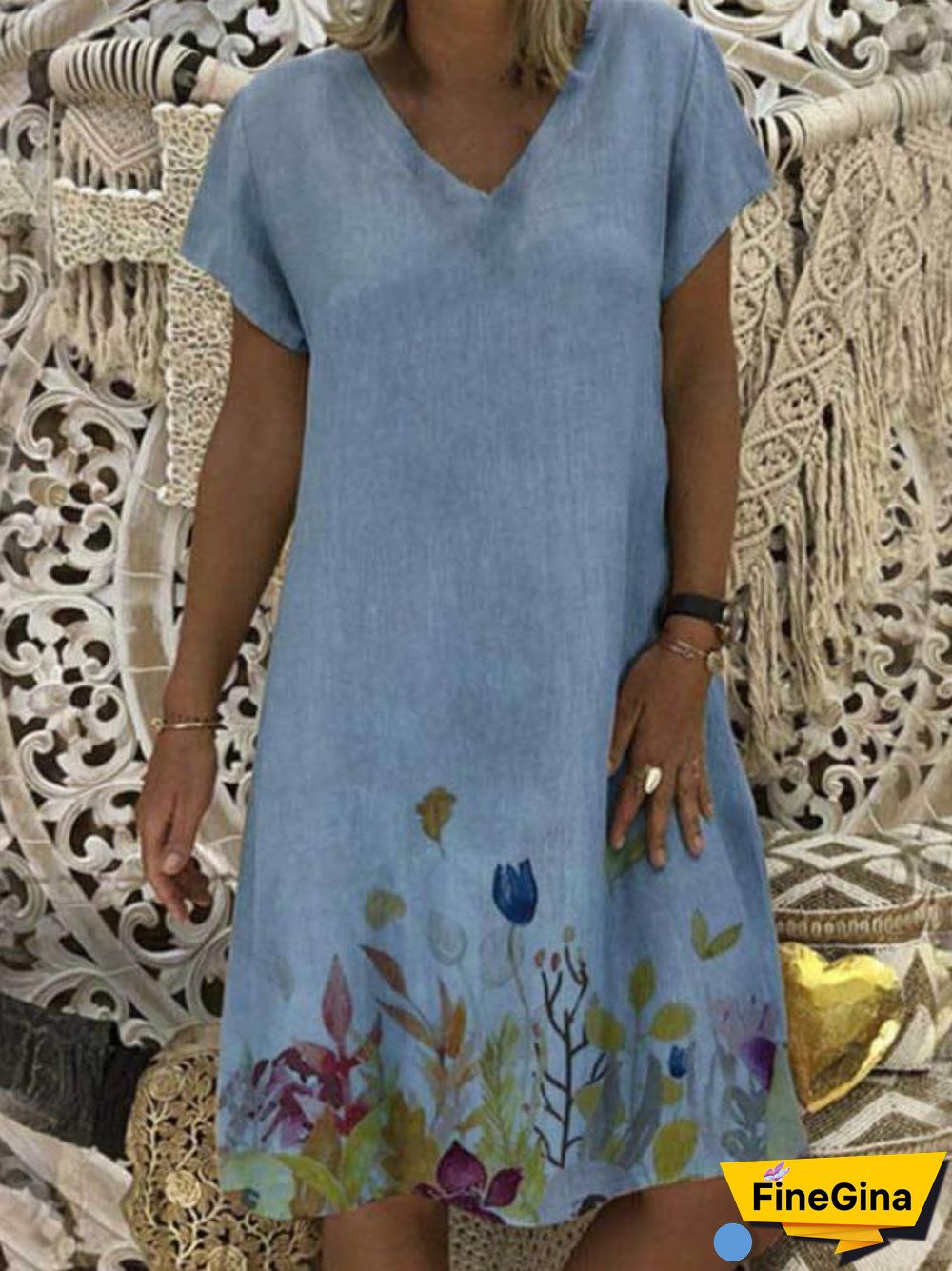 Short Sleeve V Neck Printed Beach Dress