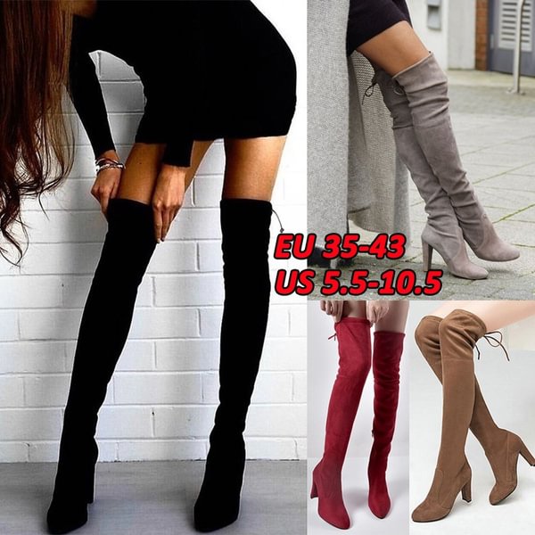 Women's Over Knee High Boots Lace Up Stretch Slim Thigh High Heels Long Boots Suede Shoes 35-43 - Life is Beautiful for You - SheChoic