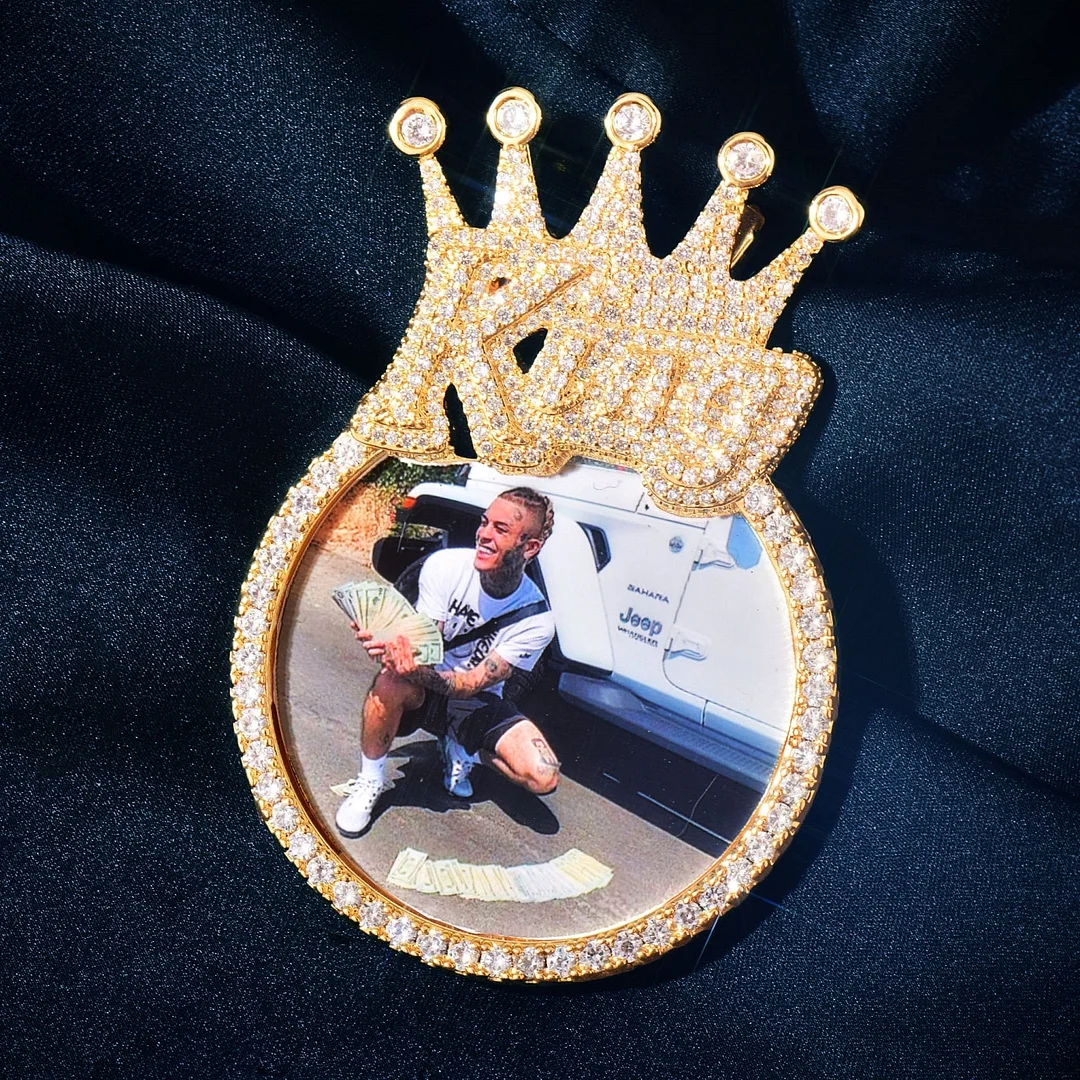Custom Photo Iced Out King Crown Bail Pendant Hip Hop Necklace Jewelry-VESSFUL