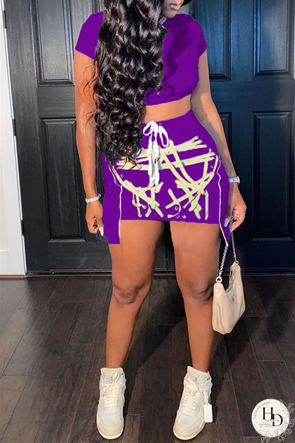 Red Fashion Sexy Print Asymmetrical O Neck Short Sleeve Two Pieces