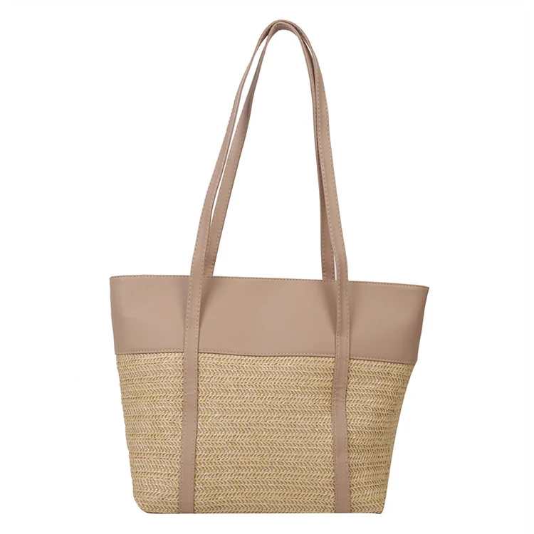Women Shoulder Bag Fashion Woven Shopper Bag PU Stitching Beach Bag (Khaki)