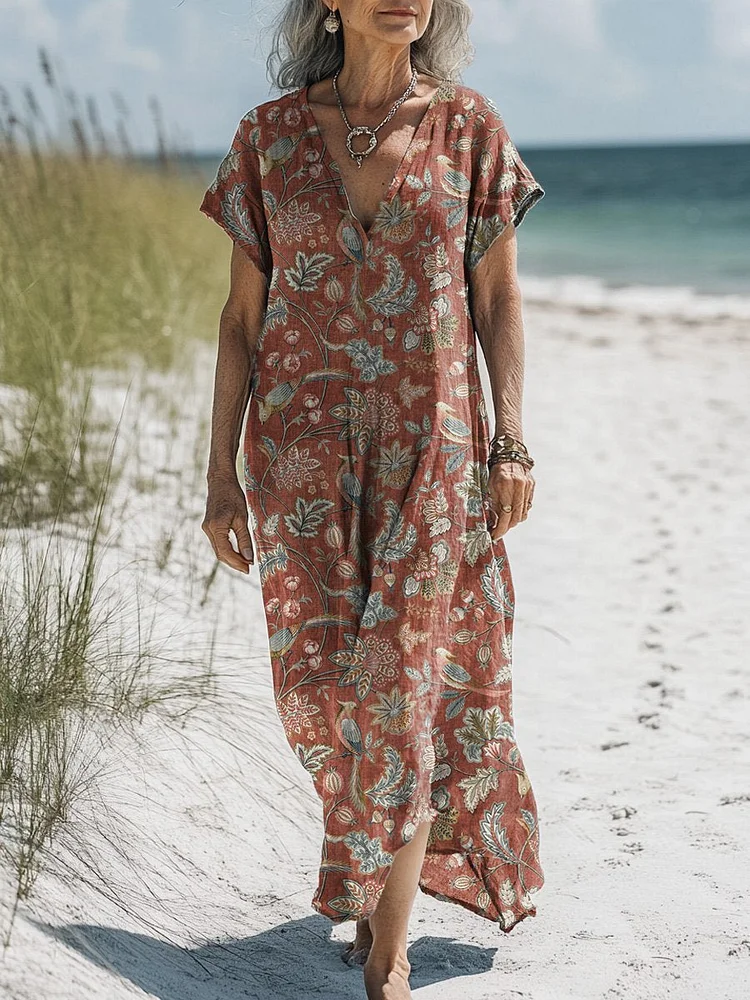 Vintage Floral And Bird Pattern Printed Women's Pocket Cotton Dress