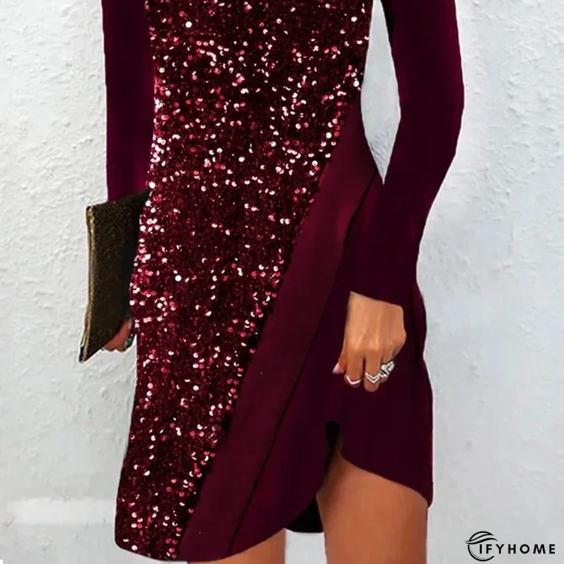 Women's Sequin Spliced Long Sleeve Elegant Round Neck Party A-Line Dress | IFYHOME