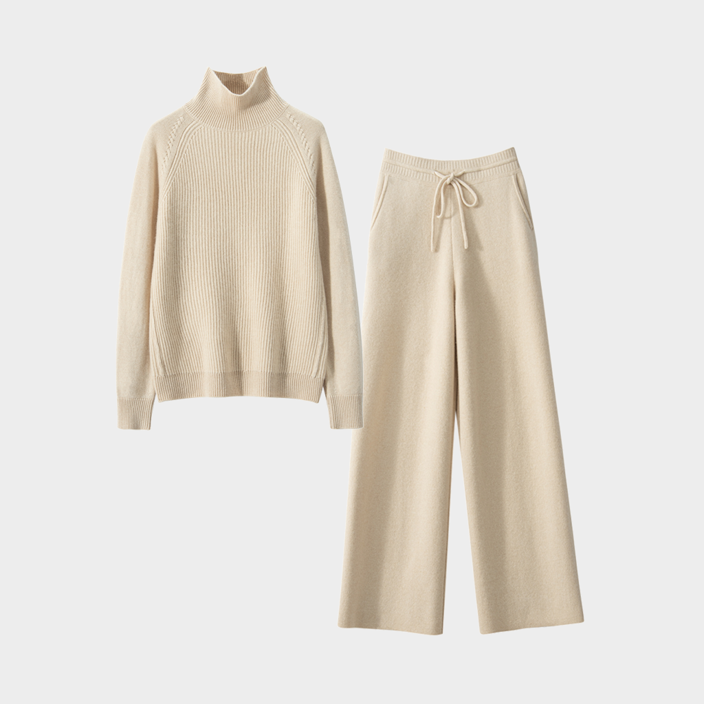 Women's Oatmeal High-Neck Cashmere Sweater and Pants Set | Modern Minimalist REAL SILK LIFE