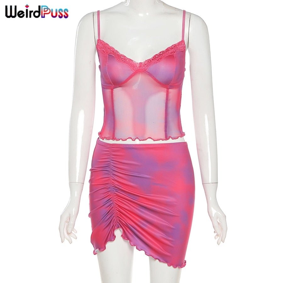 Weird Puss 2021 Y2K Summer Women Skirst Suit Sexy Mesh Patchwork Camisole+Ruched Skirt Matching Elegant Trend Stretchy Outfits