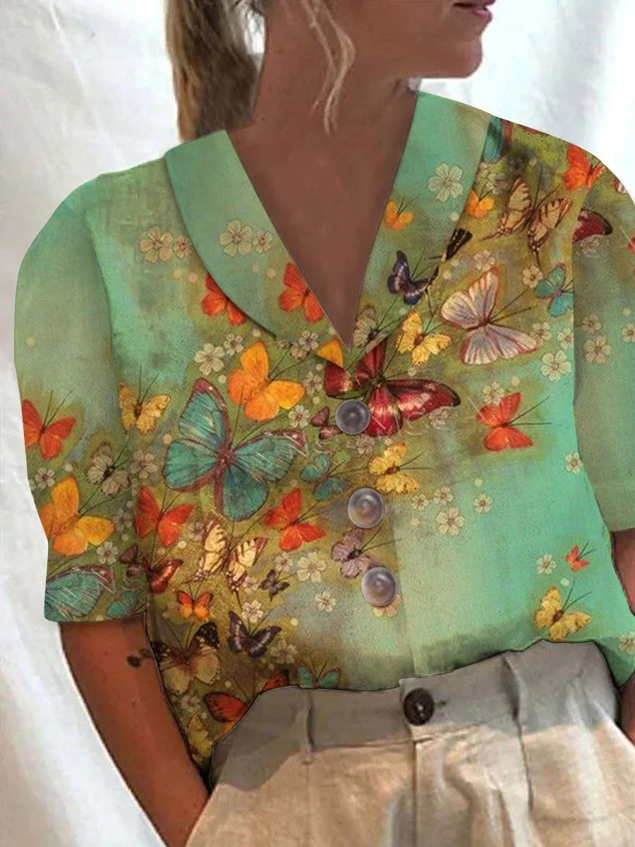 Women Retro Butterfly Floral Print Casual Shirt