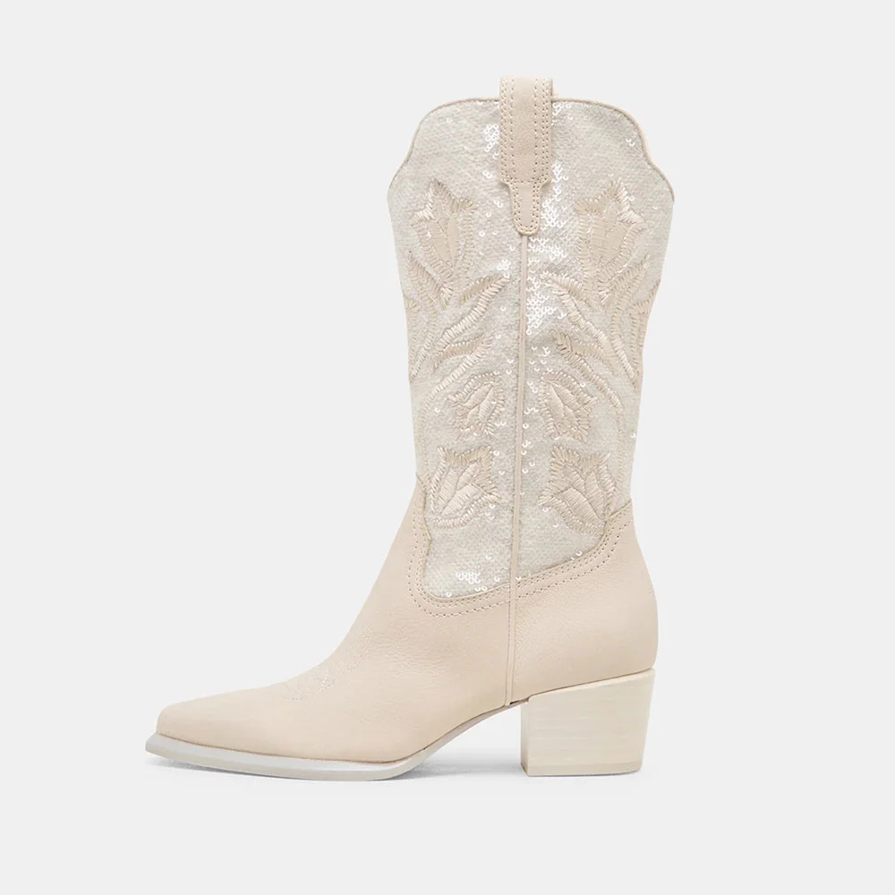 Ivory Snip Toe Chunky Heel Embroidered Zipper Sequins Cowgirl Boots