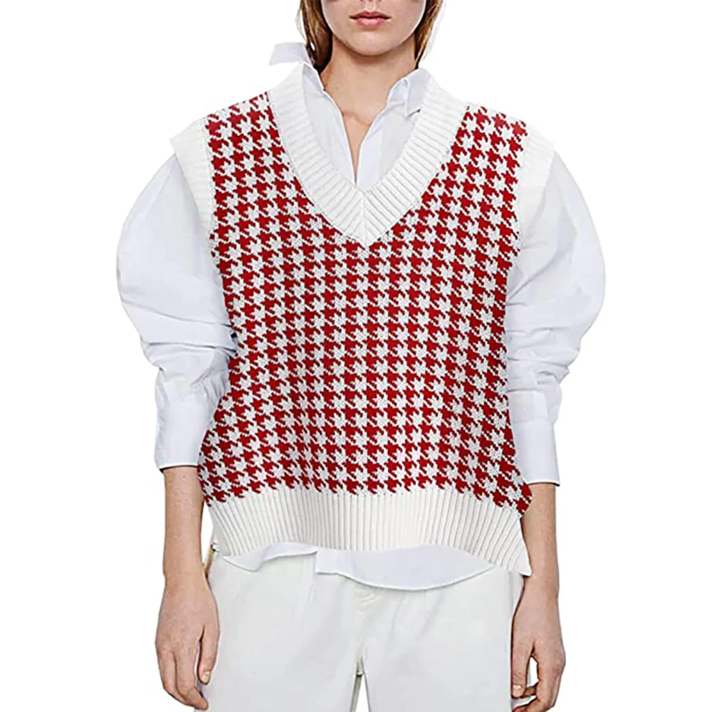 Red Loose Style Plaid Knit Sweater Vest