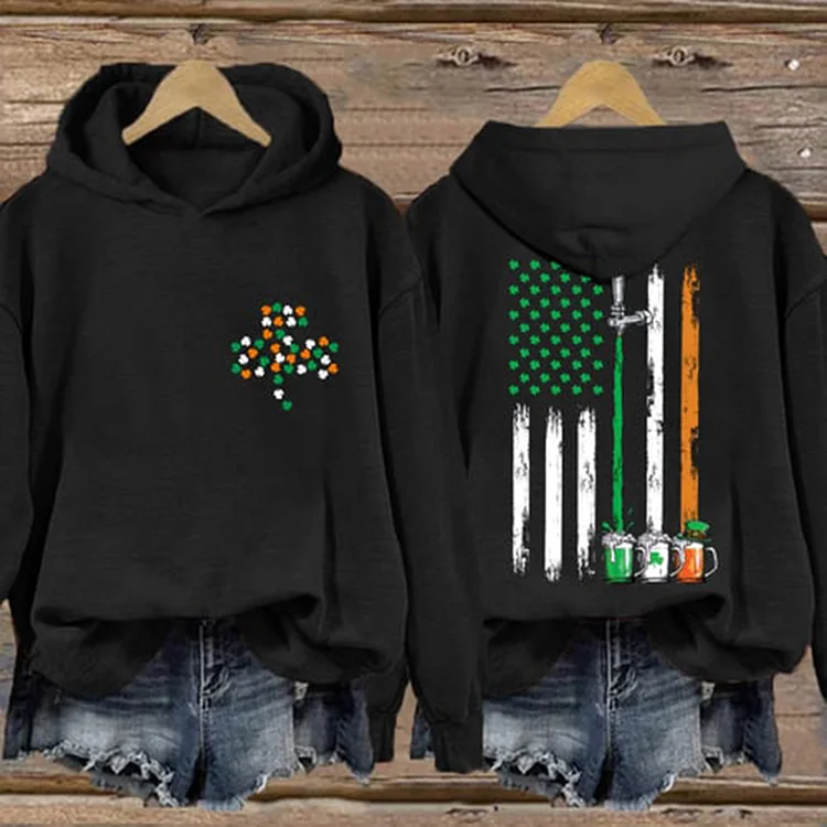 VChics St. Patrick's Shamrock Flag Printed Casual Hoodie