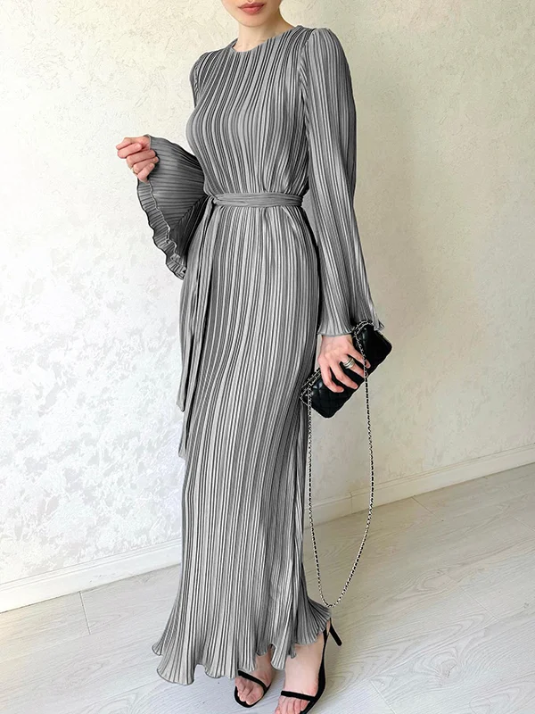 Flared Sleeves Long Sleeves Pleated Ruffled Solid Color Round-Neck Maxi Dresses