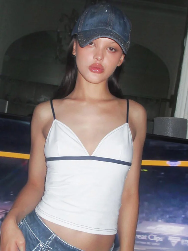 V-Neck White Halter Tops Tanks