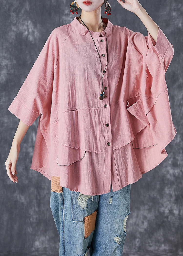 Casual Pink Button Down Pockets Linen Blouses Batwing Sleeve