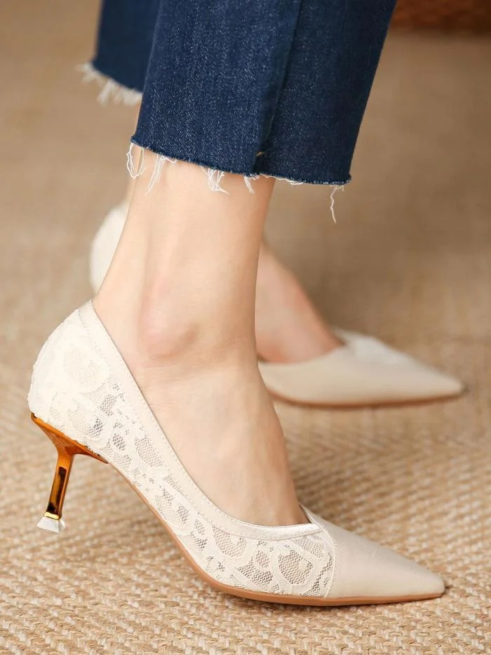 Side hollow pointed toe shallow mesh lace fashion stiletto heels