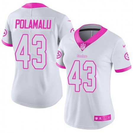 Steelers #43 Troy Polamalu White/Pink Women's Stitched NFL Limited Rush Fashion Jersey