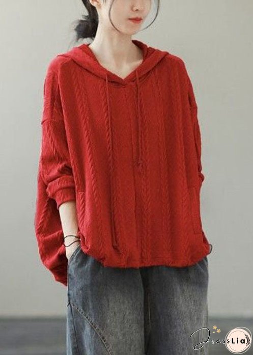 Women Orange Hooded Drawstring Knit Hooded Tops Winter