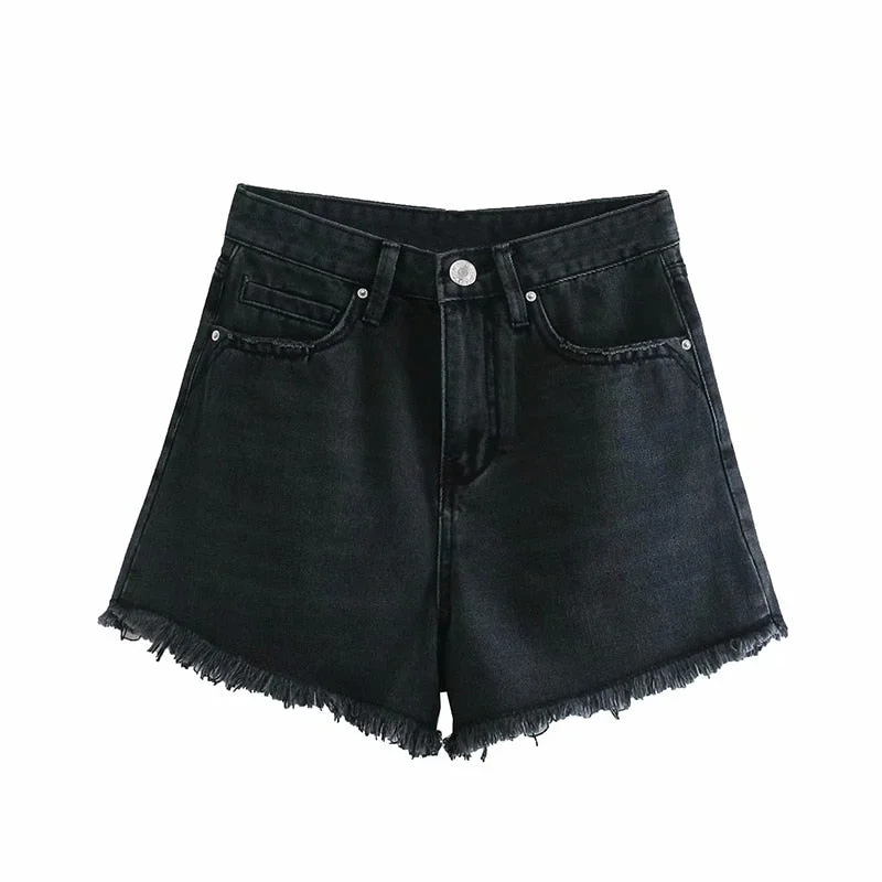 TRAF Women Chic Fashion Pockets Frayed Hem Ripped Denim Shorts Vintage High Waist Zipper Fly Female Short Jeans Mujer