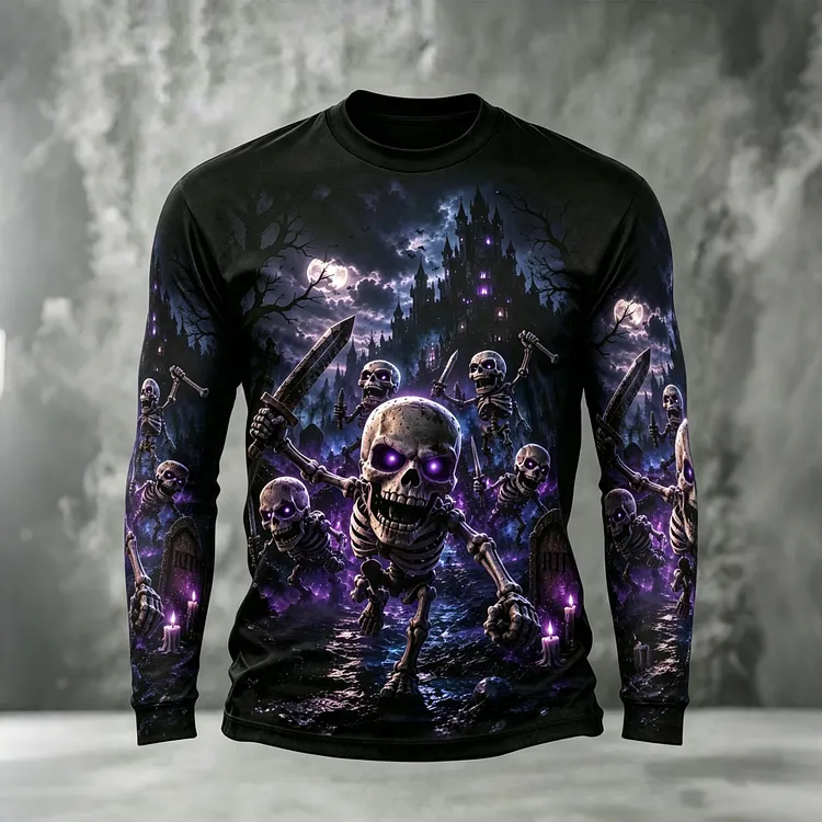 Halloween Retro Skull Castle Print Crew Neck Long Sleeve T-shirt