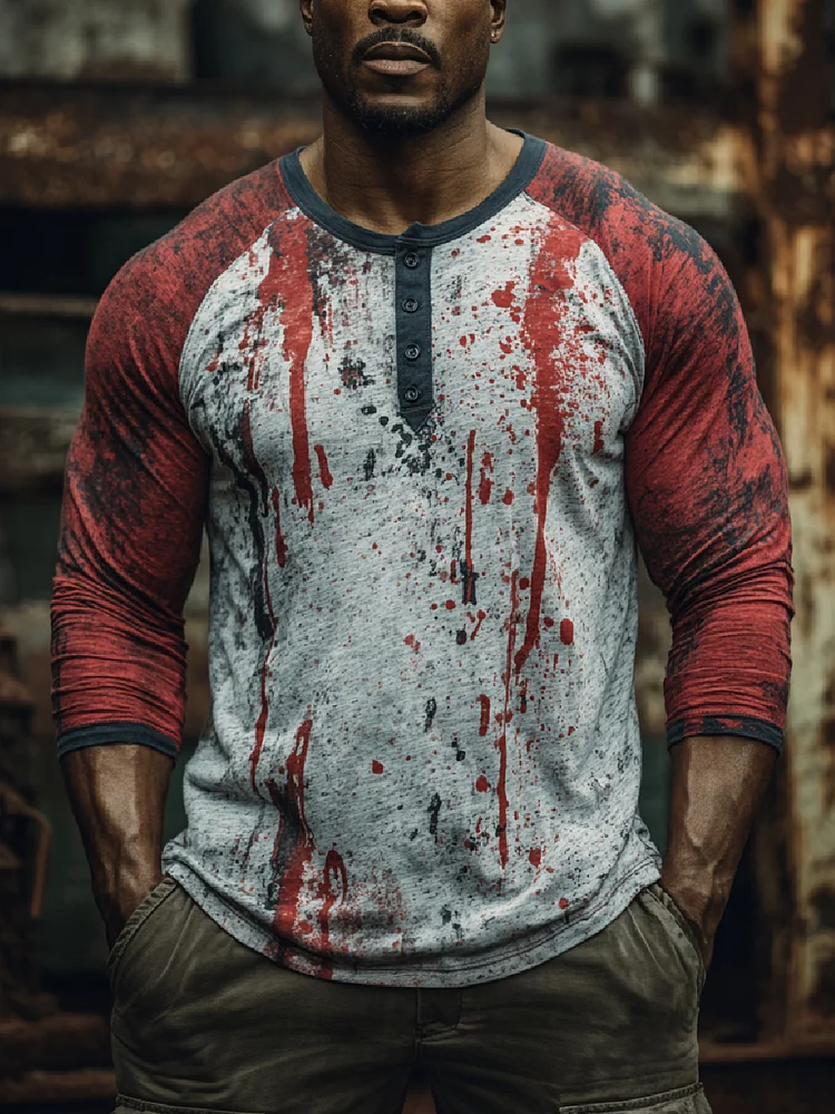 Vintage Bloodstain Print Casual Long Sleeve Henley