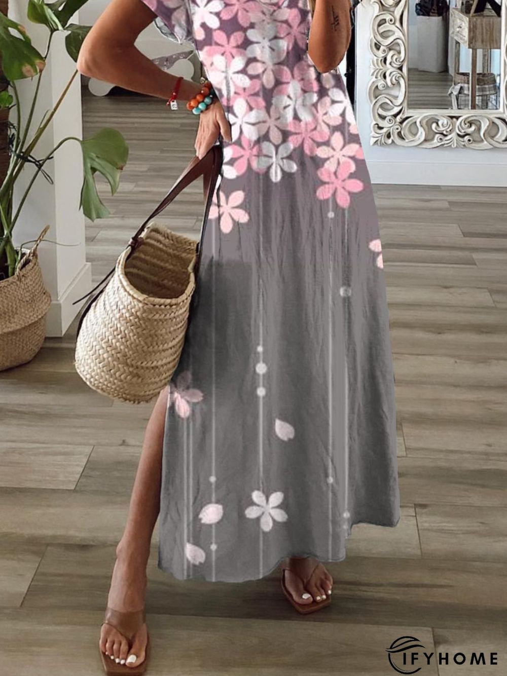 Casual Floral Short Sleeve V Neck Printed Dress | IFYHOME