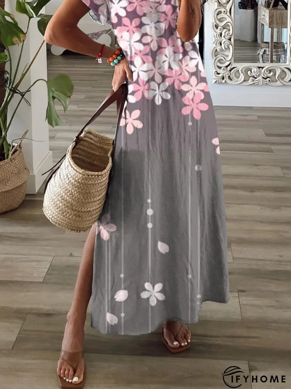 Casual Floral Short Sleeve V Neck Printed Dress | IFYHOME