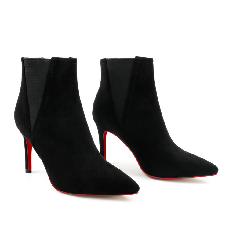 90mm Women's Ankle Boots V-Shaped Elastic Red Bottoms Mid Heel Pointed Toe Stilettos