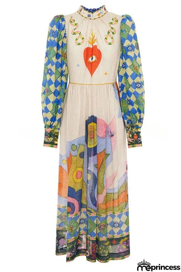 Dear To My Heart Unique Print Lantern Sleeve A-line Midi Dress
