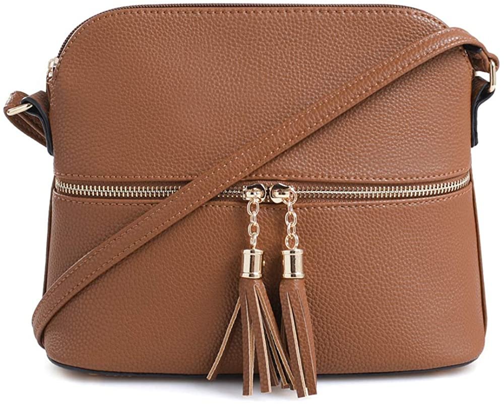 Lightweight Medium Dome Crossbody Bag with Tassel | Zipper Pocket | Adjustable Strap