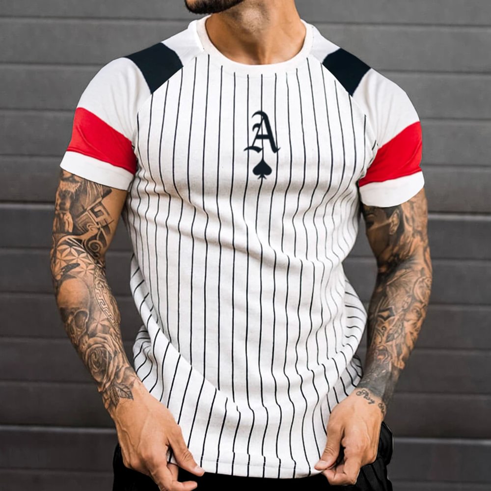 Men's Fashion Ace Of Spades Pattern Stripe Print Color Matching Casual Slim Short Sleeve T-Shirt-Compassnice®