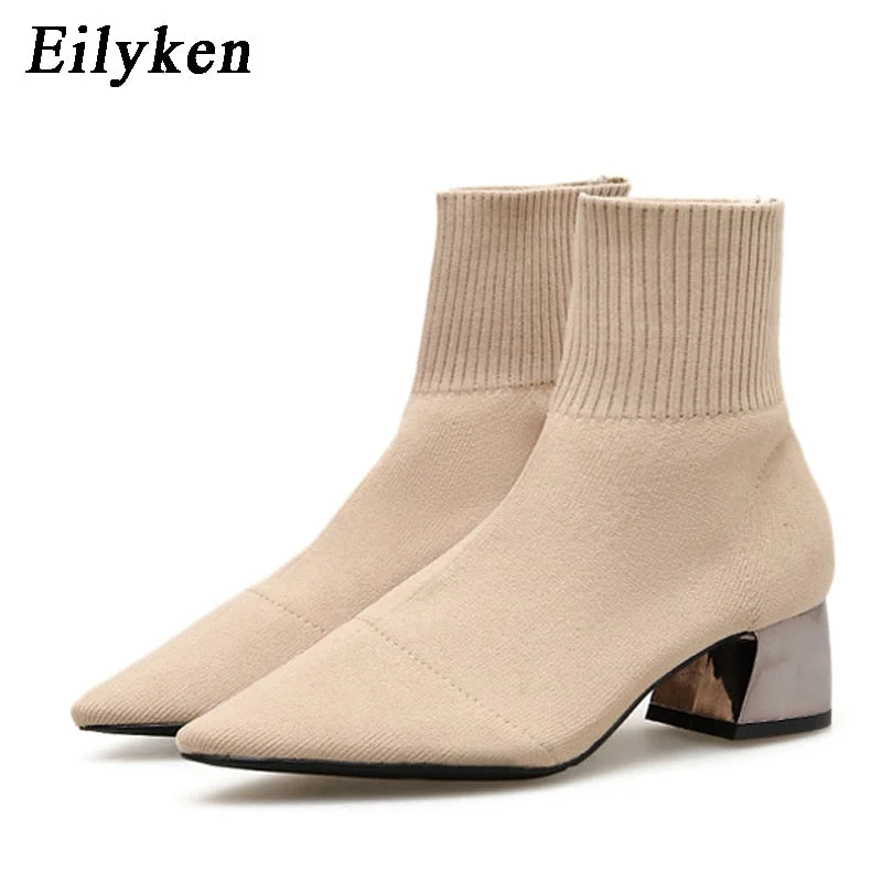 Eilyken Fashion Knitted Stretch Fabric Sewing Women Ankle Boots High Heels Square Heels Winter Pointed Toe Ladies Sock Boots