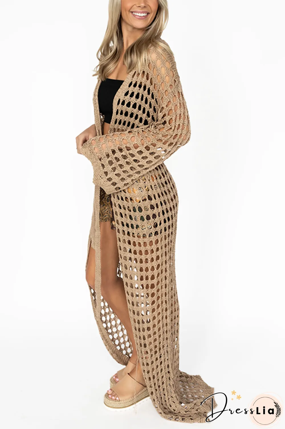 Knitted Pierced Solid Color Beach Coat