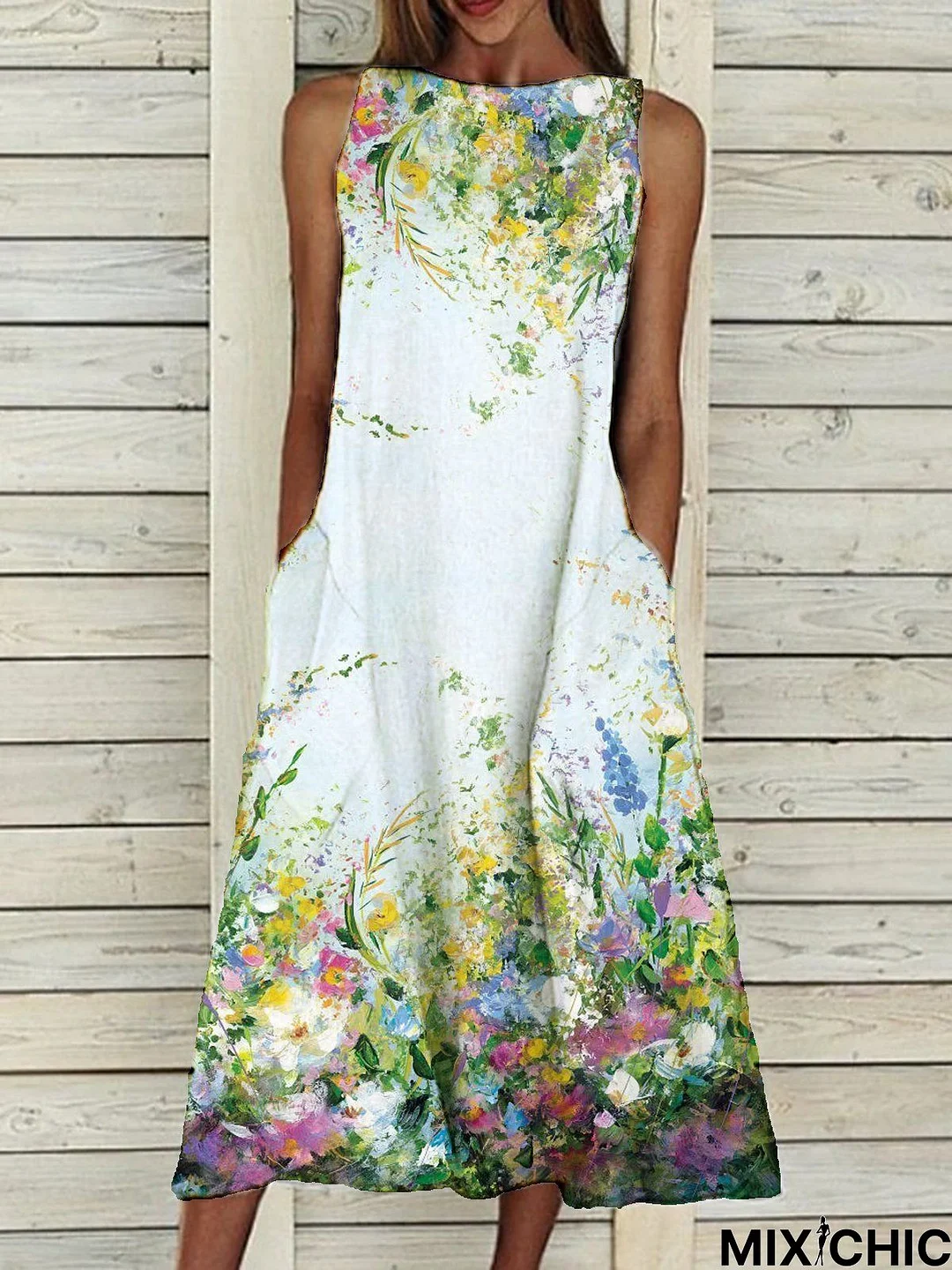 Sleeveless Elegant Crew Neck Floral-Print Weaving Dress