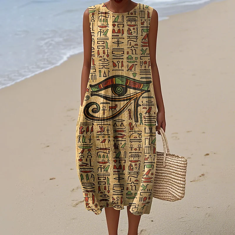 Ancient Egyptian Inspired Vintage Linen Casual Sleeveless Dress