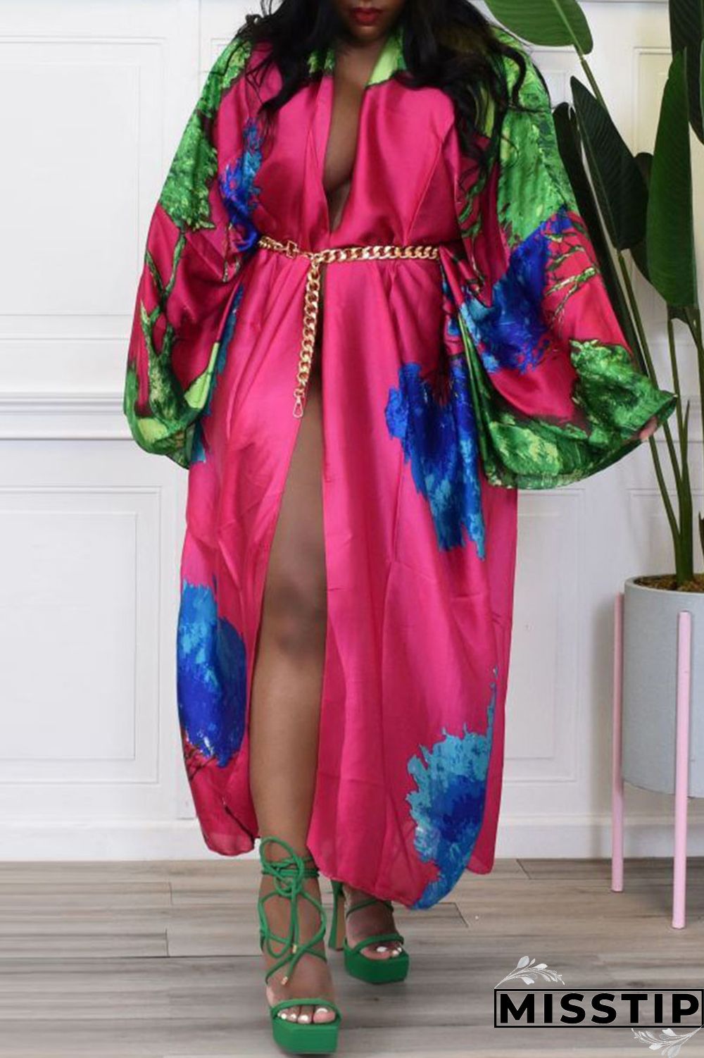 Red Fashion Casual Print Patchwork Outerwear(Without Belt)