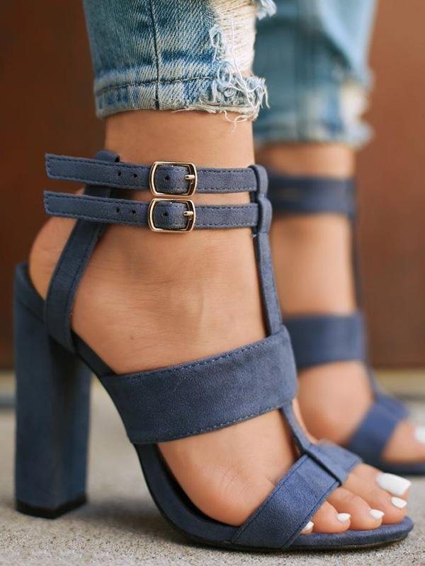 Summer Solid Color Chunky Heels Shoes