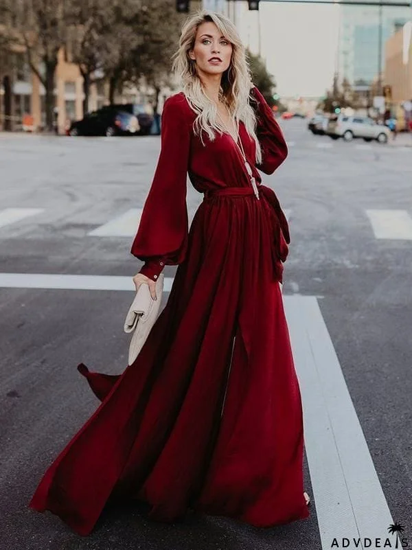 V-neck Long Sleeves Belted Maxi Dress