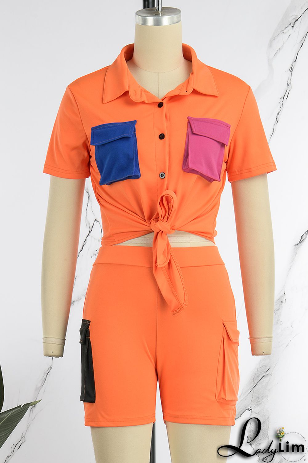 Blue Casual Solid Patchwork Contrast Shirt Collar Short Sleeve Two Pieces