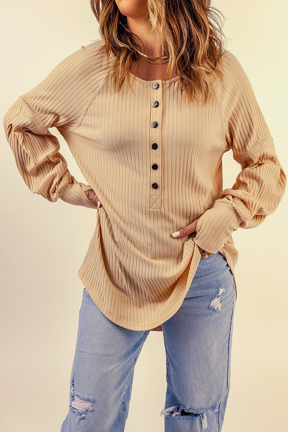 Apricot Ribbed Textured Thumbhole Puff Sleeve Pullover-PABIUYOU- Women's Fashion Leader