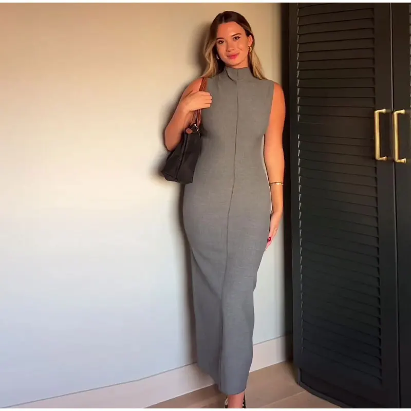 Ootddress Sleeveless Split Patchwork Long Dress Female Straight Solid Slim High Waist Zipper Maxi Dress Autumn 2025 Turtleneck Dress