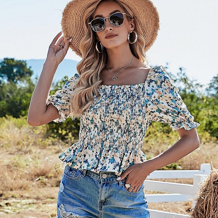 Vintage Yellow Floral Women Blouse Shirt Fashion Square Neck Short Sleeve Crops Tops Female Blouses Tops Summer Casual Shirts - Shop Trendy Women's Fashion | TeeYours