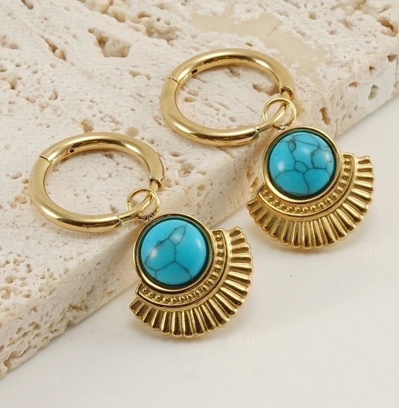 1 Pair Retro Round Water Droplets Snake Inlay 304 Stainless Steel Artificial Gemstones Turquoise 18K Gold Plated Stainless Steel Earrings