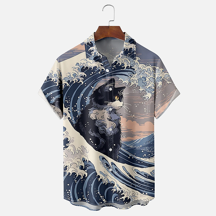 Comstylish Japanese Ukiyo Cat Art Pattern Short-Sleeved Shirt