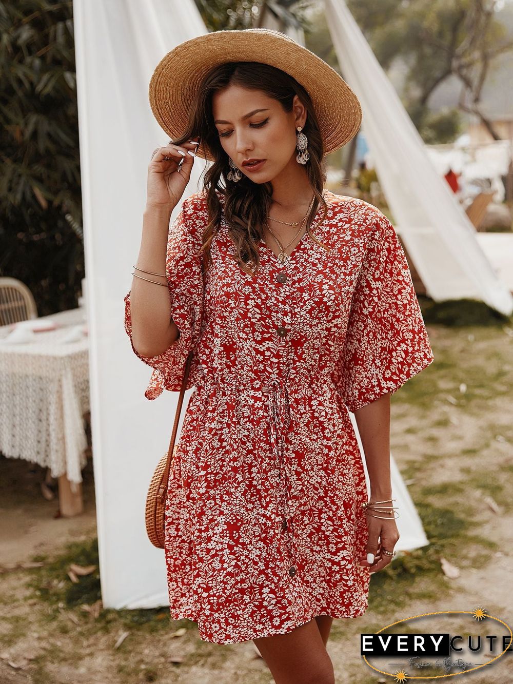 Floral V-Neck Half Sleeve Mini Dress