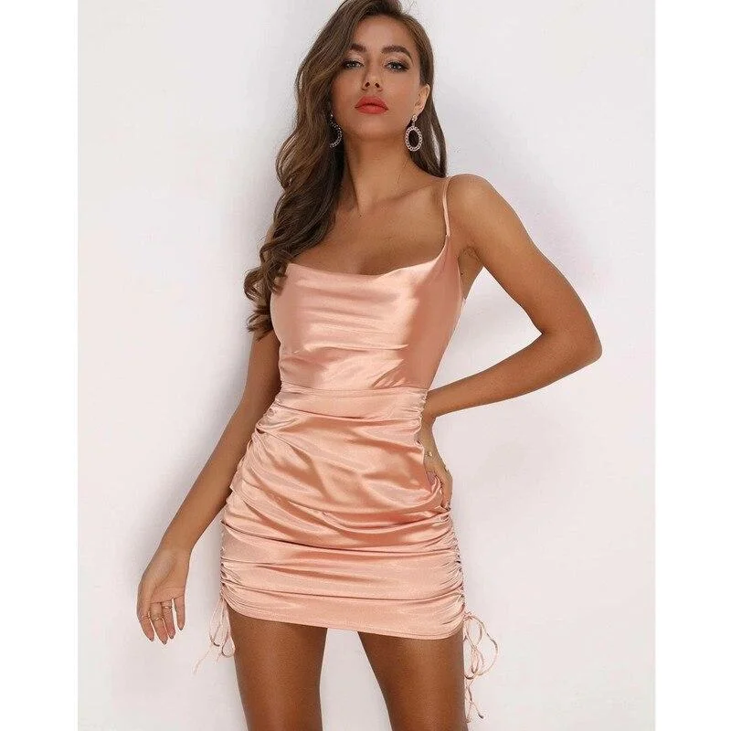 ABEBEY-hoco dresses -ABEBEY- Summer Party Satin Dress Backless Sleeveless Ruched Spaghetti Strap Pleated Mini Dress 2024 Drawstring Women  Dres