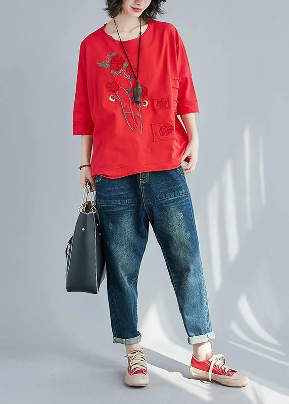 diy red cotton tunic top Plus Size Sleeve o neck patchwork Dresses Summer shirts