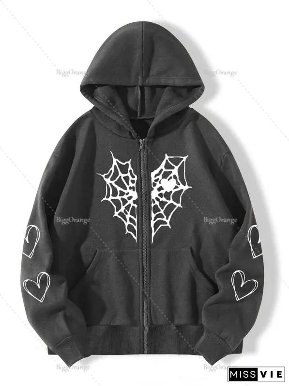 Spider Web Print Hoodie Womens Sweatshirt Loose Jacket Fashion Trend Zip Autumn Casual