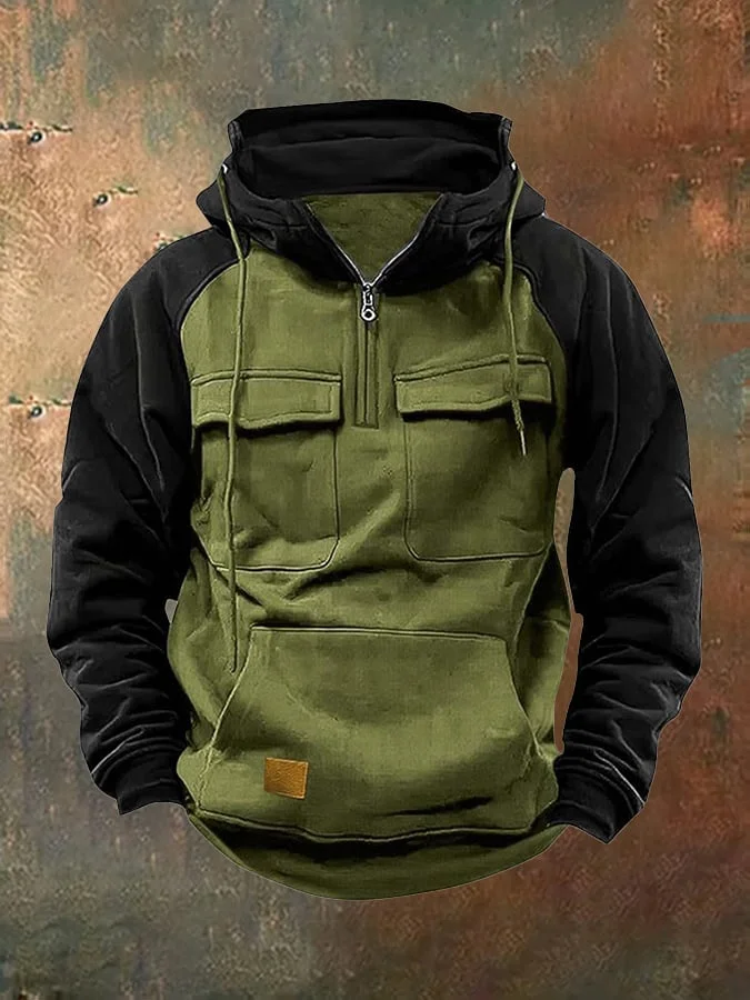 Men's Retro Casual Contrast Multi-Pocket Zipper Sweatshirt
