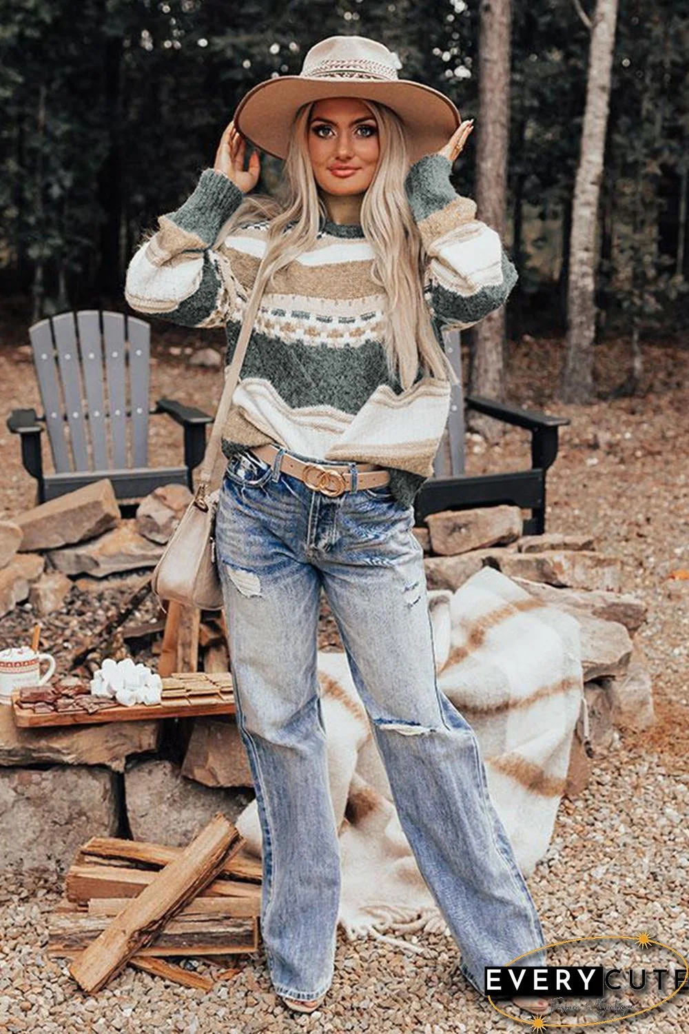 Khaki Chunky Striped Knit Sweater