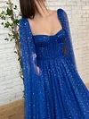 Dark Cobalt Royal Blue Sparkling Gold Stars Prom Dress Draped Corset Bodice Starry Pattern Tulle Cape Robe Wedding Guest With Pockets