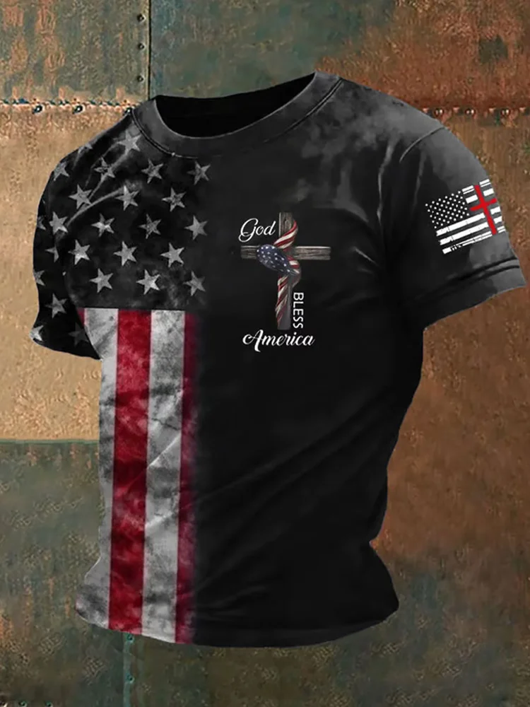 Men's Vintage Flag Believe In God Bless America Print T-shirt